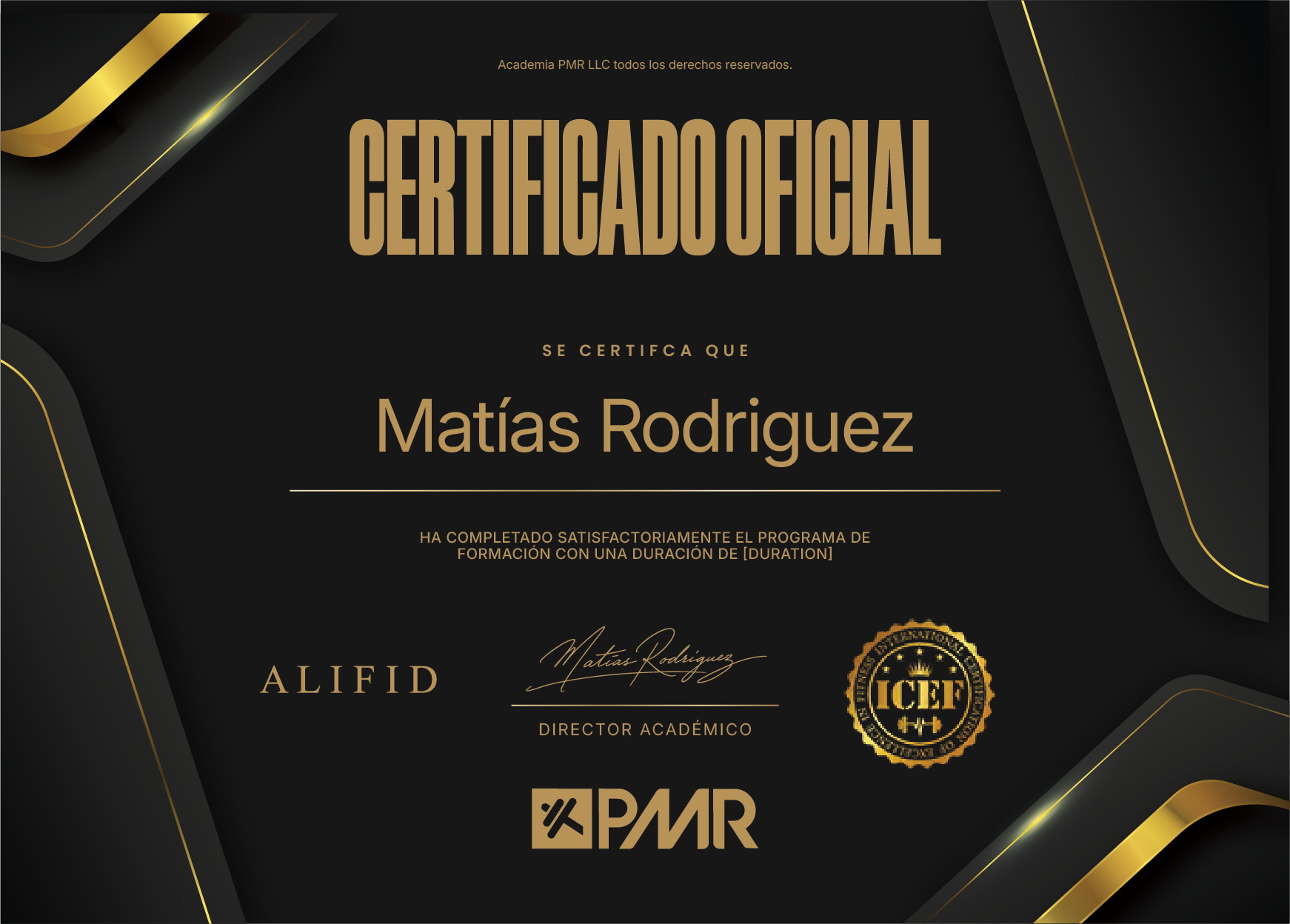 Certificado oficial Academia PMR — diseño con avales ALIFID e ICEF